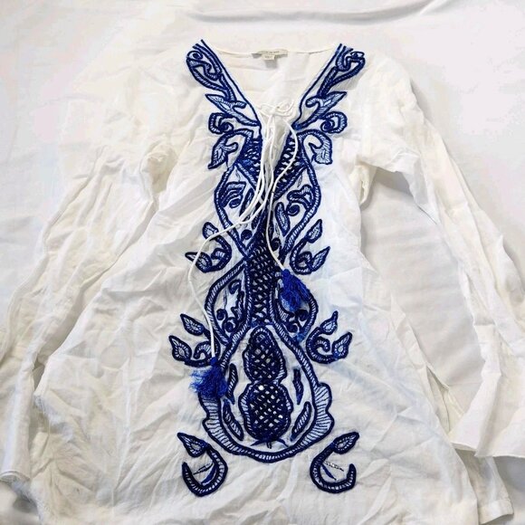 Boston Proper Tops - Boston Proper Women's Size 4 Embroidered Tunic Top Tie Back White Boho
